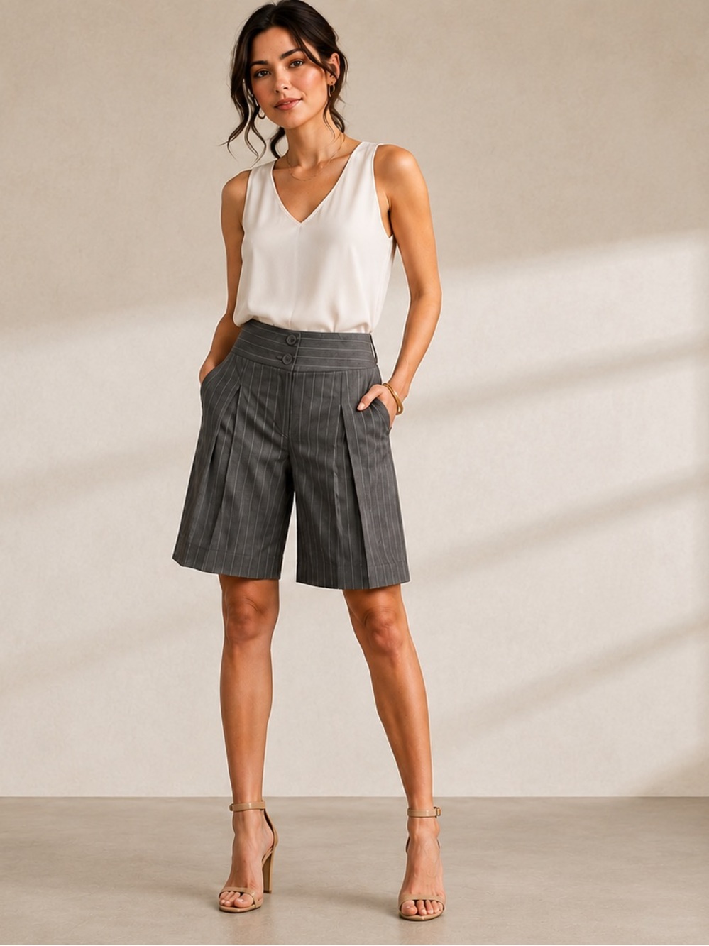 CAbi Trolly Pinstripe Pleated Bermuda Shorts Gray Career Chic Size 0 NWT